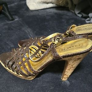 Coach Dark Brown Strappy Heels with Gold Accents
